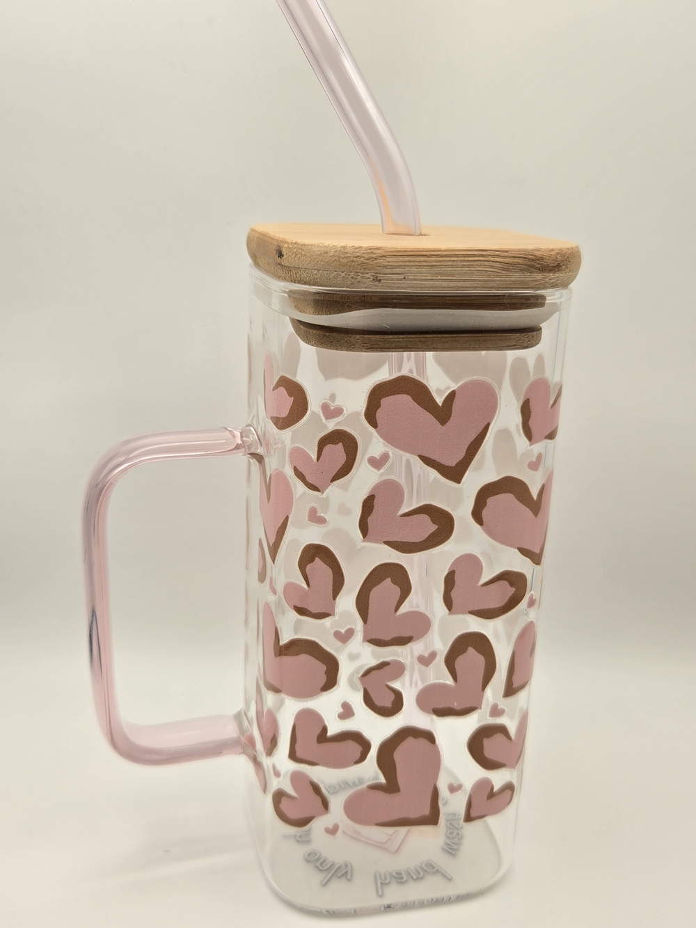 Pink Heart Glass Tumbler with Bamboo Lid and Straw 14oz